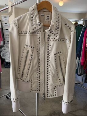 H&M STUDIO 2023 Cream Studded Leather Moto Jacket
